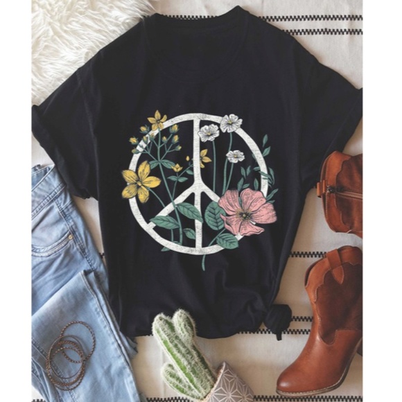 Black Boho Floral Peace Sign Graphic Tee - Picture 1 of 4